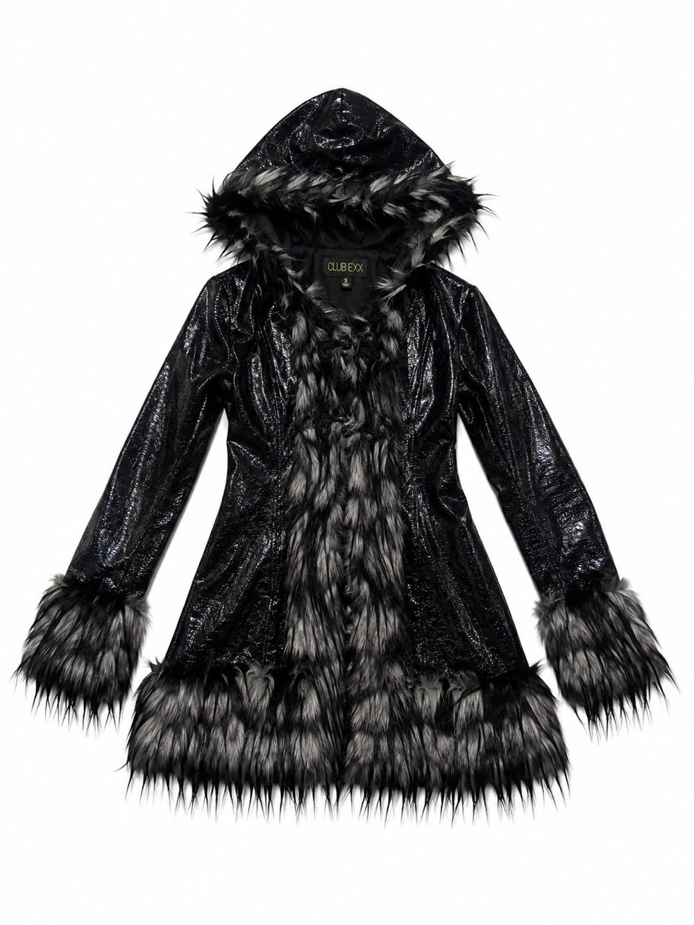 Dolls Kill Black Hooded Trench Coat with Gray Faux-Fur Trim